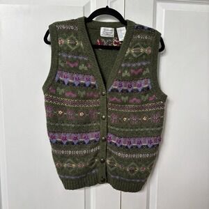 Vintage Northern Treasures Sweater Vest Womens M Stripe Fair Isle Floral Green